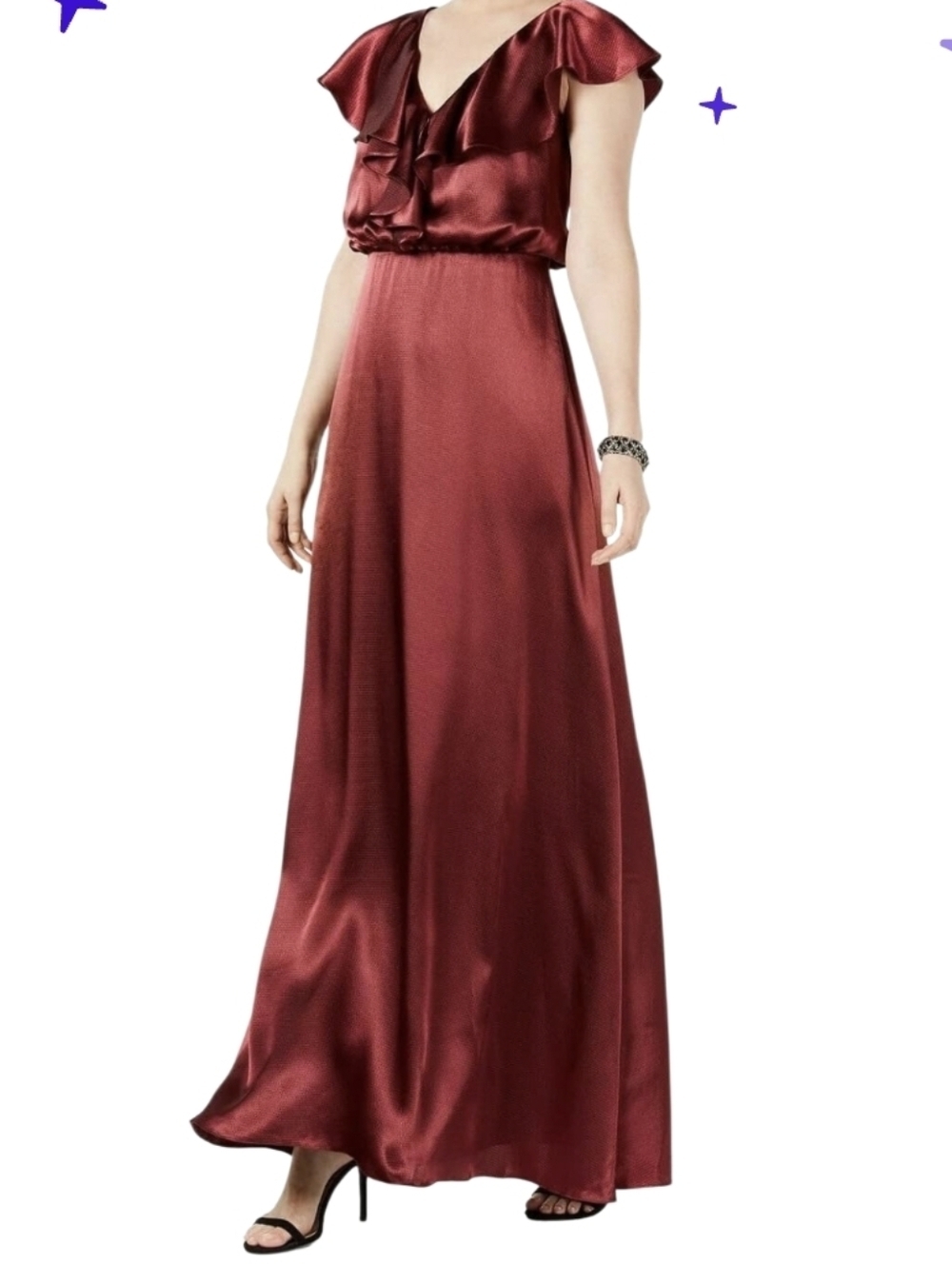 Adrianna Papell Women's Burgundy Wine Ruffle Hammered Satin Maxi Dress Size 10